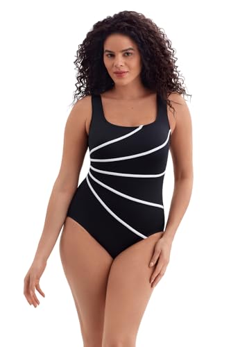 Women's Swimwear Solitude Fan Tank One Piece Swimsuit, Black/White, 16