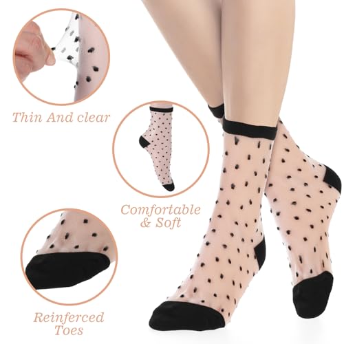 Ouligay 6 Pairs Sheer Socks Women Ankle,Multiple Styles Lace Socks Women,Acrylic Black Womens Trouser Socks,Transparent Mesh Socks for Women Girl(Round Neckline)3