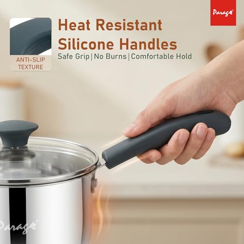 Image of Parage Stainless Steel Saucepan with Glass Lid, Induction & Gas Compatible, 1.5 Liters Triply Bottom Sauce Pan, Milk Boiler Tea Pan with Silicon Handle for Daily Cooking, 2 Years Warranty