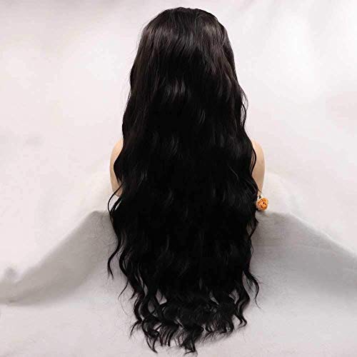xiweiya 2# Black Wig Long Loose Wavy Natural Balck Lace Front Wig Long Curly Syntheitc Black Wig Natural Hairline Heat Resistant Fiber Hair Replacement for drag queen Women 26inch - Image 4
