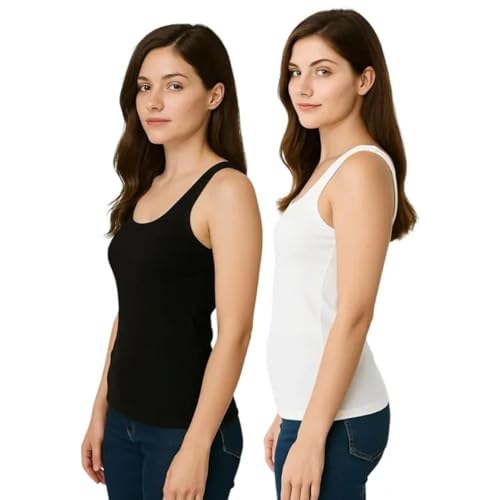Image of Tank Top for Women | Cotton Regular Fit | Black White Western | Pack of 2 Combo (White & Black) (in, Alpha, M, Regular)