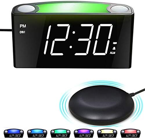 Loud Vibrating Alarm Clock for Heavy Sleeper/Deaf/Hear Impaired, Dual Alarm Clock with Bed Shaker, 7" LED Display, Full Range Dimmer 7-Color Night Light, 2 USB Ports, Plug-In Clock & Battery Backup
