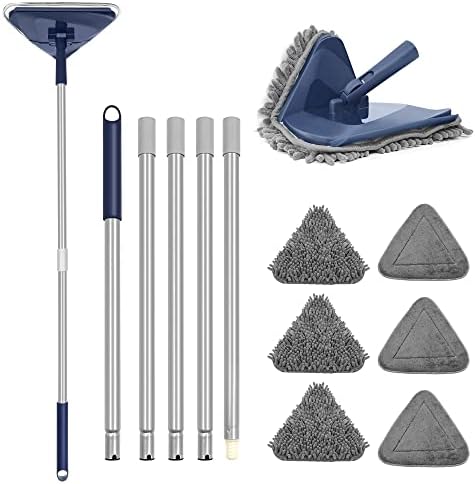 ZUBULUN Wall Mop with 82 Inches Long Handle, 360 Degree Rotating Microfiber Triangle Baseboard Cleaner Tool Duster with Window Squeegee for Cleaning Painted Wall, Ceiling, Floor, 6 Replacement Pads