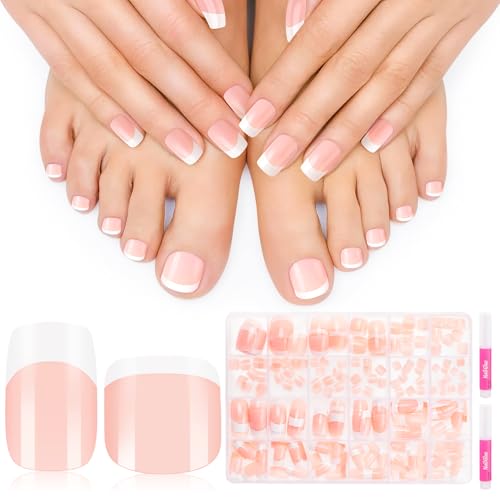 MELLIEX 240 Pièces French Faux Ongles Faux Ongles Pieds Court Artificiel Couverture Complète Capsules Ongles et Capsule Pied French Manucure pour Femme Filles