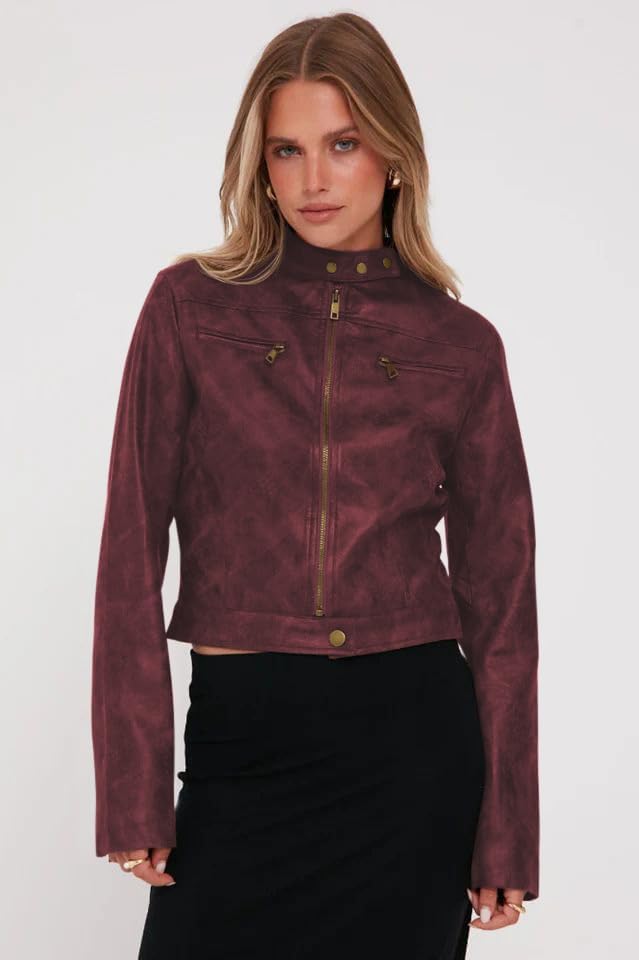 Onedreamer Women's Faux Leather Cropped jackets Casual Vintage Zip Up Stand Collar Motorcycle Short Coat Jacket - Image 5