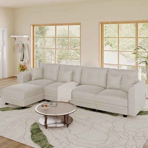 Image of LLappuil 112 inch Modular Sectional Sofa with Storage, L-Shaped 5-Seat Corduroy Couch with 4 Throw Pillows, Pet-Friendly Convertible Sofa for Small Living Room & Apartment, Skin-Friendly, Beige