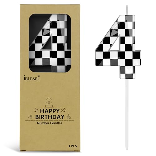 Number 4 Racing Cars Birthday Candles 2.68 Inch Black White Checkered Birthday Number Candles Cool Racing Themed Number Candles for Boys and Girls Kids Race Car Themed Party Decorations Supplies