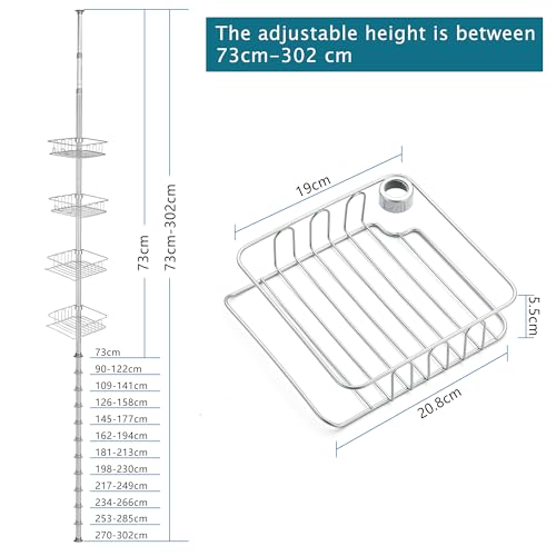 HOUHA Minimal Grey 4-Tier Corner Shower Shelf, Telescopic, Rust Resistant, 73-302 cm, 3 kg Capacity, Wall Mount, No Drilling - Image 3