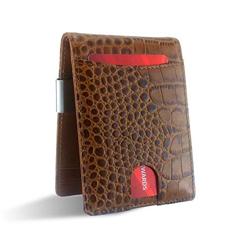 Canberra Series Exotic Money Clip Wallet Slim Minimalist RFID Blocking Gift Box Crocodile Alligator Ostrich Python Snakeskin (Brown Crocodile)