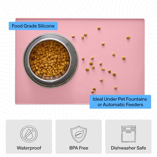 Image of GORILLA GRIP 100% Waterproof Raised Edge BPA Free Silicone Pet Feeding Mat, Dog Cat Food Mats Contain Spills Protects Floors, Placemats for Cats and Dogs Water Bowl, Pets Accessories 32x24 Pink