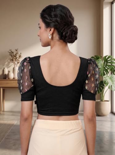 Image of SFT Women's Cotton Lycra Blend Readymade Saree Blouse with Round Neck Half Sleeves Solid Pattern Knit Weave Regular Fit and Pull On Closure