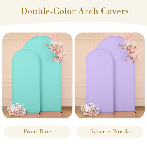 Image of Blue and Purple Photo Arch Backdrop Cover Set of 2-7.2ft and 6ft Arch Covers Stretchy Backdrop Spandex Mermaid Theme Arch Stand Covers for Girls Birthday Party Wedding Banquet Background Decorations