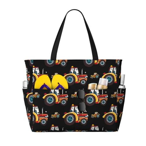 Cartoon Tractor Print Large Beach Tote Bag for Women Extra Large Capacity Sandproof Waterproof Pool Bag Suitable for Swimming Pool Gym Groceries Travel