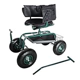 Relaxdays fahrbarer Gartensitz, höhenverstellbar, 150 kg, Stauraum, Lenkstangen, Sitzkissen, Lehne, Gartenwagen, grün