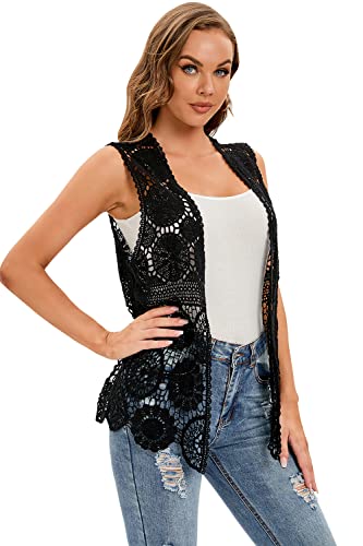 Women's Crochet Vest Sleeveless Boho Lace Cardigan (Round Flower Black)4