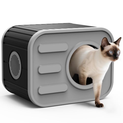 Topetory Outdoor Cat House, Outside Cat Shelter with Bed Mat for Feral Cat, Plastic Pet House for Indoor and Outdoor Use, Weatherproof, Black