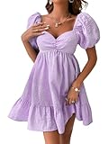 WDIRARA Women's Gingham Mini Summer Dresses Sweetheart Neck Short Puff Sleeve Plaid Ruffle Babydoll Dress Purple Small