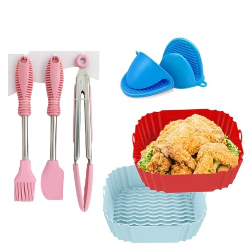 Square Air Fryer Accessories Kit -6-Pack Reusable Silicone Liners with Oven Mitts, Basting Silicon Handle Brush and Spatula, & Tongs – BPA-Free Food Grade, Perfect for Frying & Baking-image-15