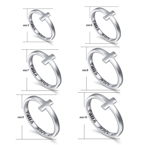 DAOCHONG Inspirational Jewelry Sterling Silver Engraved Faith Hope Love Sideways Cross Ring, Size 7
