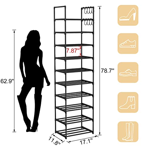 Rojasop Tall Shoe Rack 10 Tiers Narrow Shoe Rack 20-24 Pairs Vertical Shoe Rack Space Saving Stackable Tall Shoe Rack For Closet Entryway Durable Shoe Shelf Storage Metal Shoe Tower With 8 Hooks #TOP2