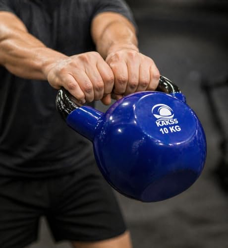 Image of KAKSS Half Coating Vinyl Kettlebell, 10kg Blue Cast Iron Kettle Bell with Non-Slip Grip Handle for Strength Training, Home Gym Workout Equipment for Men & Women (Proudly Made in India)
