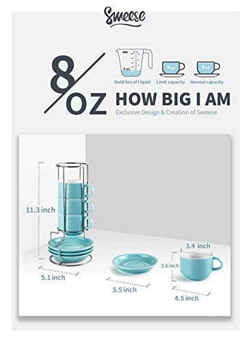 Sweese 8 Ounce Porcelain Stackable Cappuccino Cups With Saucers And Metal Stand - For Specialty Coffee Drinks, Cappuccino, Latte, Americano And Tea - Set Of 4, Turquoise - 406.402 #TOP1