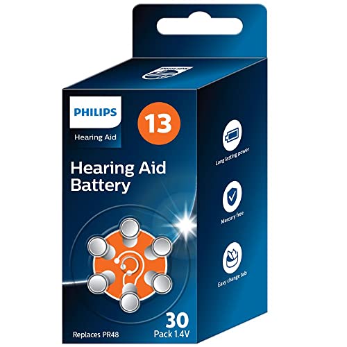 PHILIPS x30 Pilas 1.4V para Audífonos 13 (Hearing Aid Battery) ZA13BX30/00, Tecnología Premium Zinc Air, Batería de Máxima Duración, Pestaña Abre-Fácil, Tipo PR48 (30 Unidades) Color Naranja