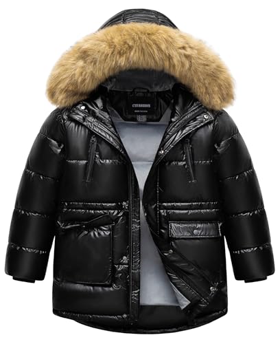 Image of Boy's Winter Coat Waterproof Kids Puffer Jacket Thicken Parka Fleece Lined Bubble Ski Snow Outerwear with Fur Hood