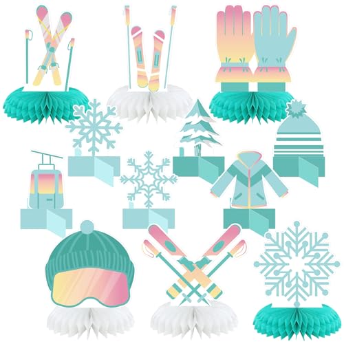 Poen 12 Pcs Skiing Birthday Decoration Honeycomb Centerpieces Ski Party