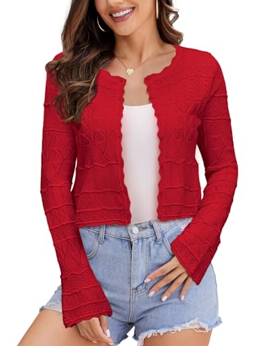 Image of FAIRY SEASON Women's Cropped Cardigan Sweater, Openwork Hollow Knit Shrug | Bell Sleeve, Versatile Outerwear to Match Dresses for Daily Outings, Dinner Dates and Casual Evening Occasions