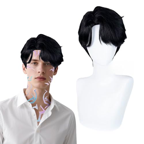BOOSHMall Hunters Perücke Anime Kostüm Cospla, Mystery Boygroup Jinu Perücken für Männer, Demon Purple Hunter Temporäre Tattoos, Accessoires Karneval Party