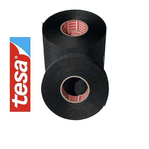 5 Tesa 51036 PET Cloth High Heat Electrical Tape for Wire Harness, Cables for Automotive Engine, Protect Against High Temperature, Abrasion, Chemical & Fluid | Flame Retardant | Black