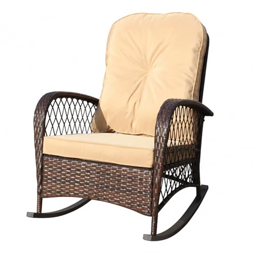 Qinazoe Wicker Rocking Chair Outdoor, Wide Seat Rattan Rocker with Thick Soft Cushion, Patio Rocking Chair Heavy Duty Steel Frame High Weight Capacity for Porch Garden Backyard