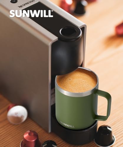 Image of SUNWILL Travel Coffee Mug with Lid, Insulated Tumbler with Handle, 14 oz Stainless Steel Cup for Camping, Office, Home, Powder Coated Olive