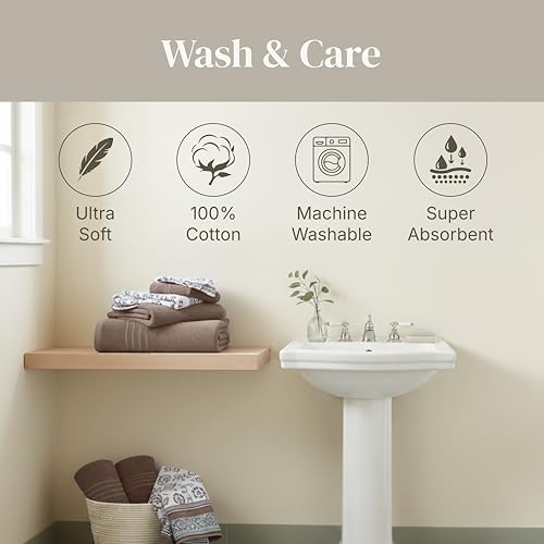 Image of Modern Threads 6 Piece Bath Towel Set - Bathroom Set with 2 Bath Towels, 2 Hand Towels, and 2 Wash Cloths - 100% Cotton, Super Absorbent & Extra Soft - Reversible Floral Trail (Taupe Brown)