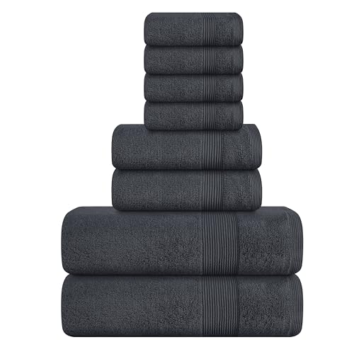 BELIZZI HOME Elvana 8 Piece Towel Set 100% Ring Spun Cotton, 2 Bath Towels 27x54, 2 Hand Towels 16x28 and 4 Washcloths 13x13 - Ultra Soft Highly Absorbent Machine Washable Hotel Spa Quality - Grey