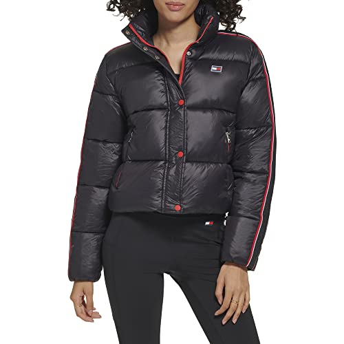 Tommy Hilfiger Women's Cropped Fit Zipper Pockets Puffer Jacket Logo Taping Down Sleeves, Black, Medium #TOP25