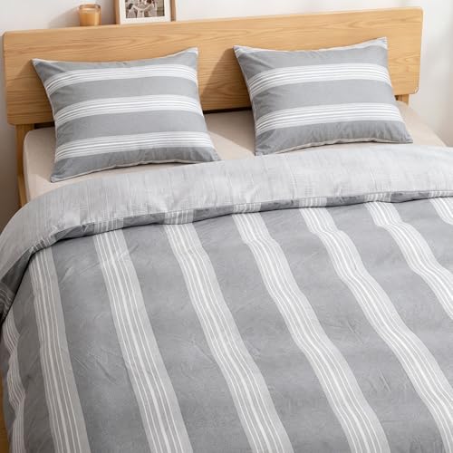 ATsense Bettwäsche 135x200 Baumwolle, 4 teilig Wende Bettwäsche-Sets mit Weiß&Grau Gestreiftes… – Ansicht 3