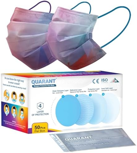 QUARANT 4 Ply Designer Face Mask with Nose Clip (Prism Combo, Pack of 50)