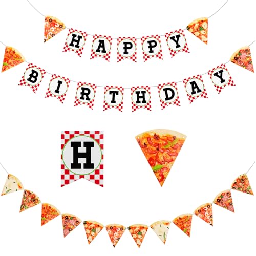 Image of Containlol 3 Pieces Pizza Party Decorations Pizza Banner Garland Supplies Happy Birthday Pennant Banner for Birthday Party Pre Assembled Hanging Decoration