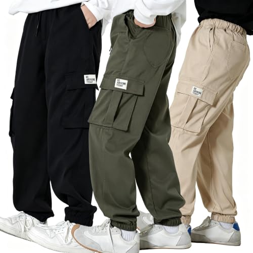 LIUNLU 3 Pack Boys Cargo Pants Quick Dry Elastic Waist Cargo Joggers 7-13Y