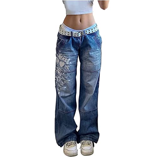 Femmes Imprimées Pantalons Lâches Y2k Jeans Baggy Vintage E Girl Streetwear Clubwear Pantalon Hipster (Color : Blue, Size : M)