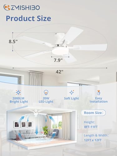 Image of ZMISHIBO 42 Inch Ceiling Fan with Light, App&Remote Control, Flush Mount Low Profile, Dimmable 20W LED Light, Quiet Reversible Motor for Bedroom, Living Room, Apartment, White