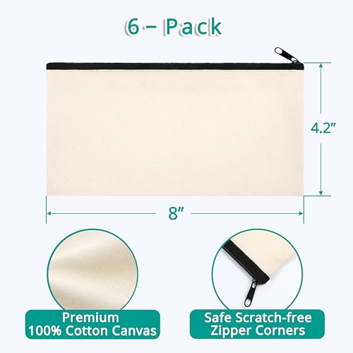 Phicorn Small Canvas Zipper Pouch – 6-Pack (8" x 4.2") Blank Natural Cotton Bags with White Lining for DIY Crafts, Makeup, Travel & Everyday Organizing2
