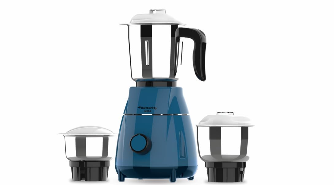 Butterfly Insta 500 Watts Mixer Grinder with 3 Jars | Stainless Steel Multipurpose Jars | ABS Body | Motor Overload Protection | Aqua Marine