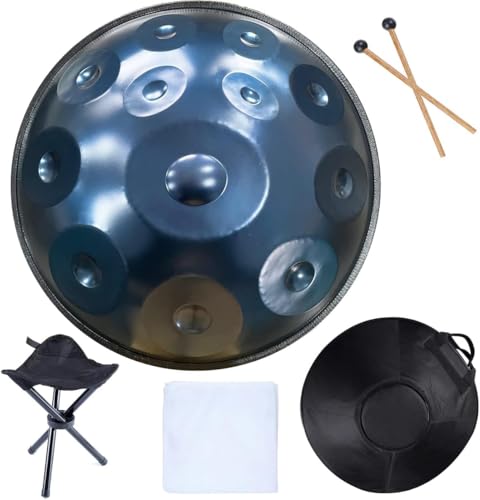Sound Healing Handmade 22 inch Steel Handpan Drum 12notes D Minor Beginner Friendly with Accessories Black Gold Blue (Blue)
