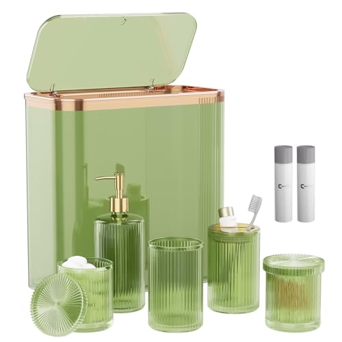 Green Bathroom Accessories Set 8 Pcs, Trash Can with Bags,