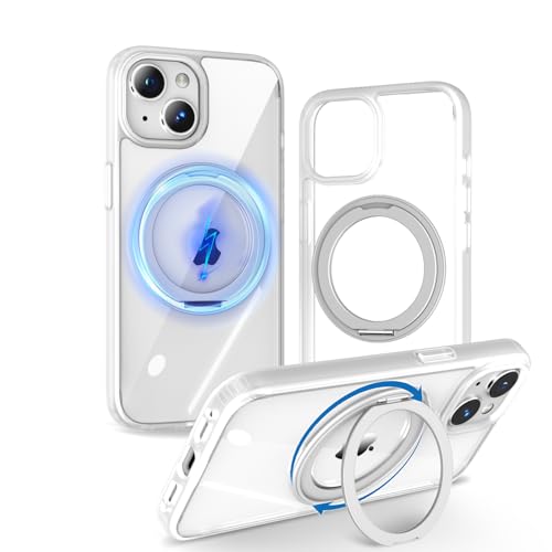 【360度回転スタンド・縦横両対応】KATSUTOYO iPhone 15 用 ケース magsafe 黄ばみにくい 強磁力リング マグネット搭載 360°回転スタンド 縦横両対応 MagSafe対応 高耐久性 米軍MIL規格 耐衝撃 指紋防止 アイフォン15 用 ケース （6.1インチ）背殻クリア 白くて透明（Amazon）