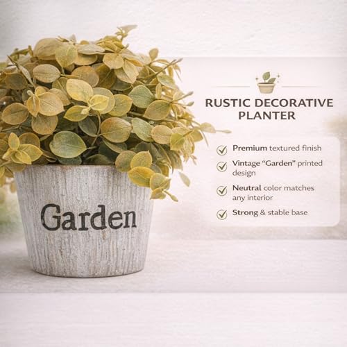 Image of Garden Art Artificial Coin Leaf Eucalyptus Bush in inchGarden inch Planter - Decorative Faux Plant for Desk, Shelf, Table & Office Decoration | Realistic Greenery Home Decor Plant (P-0226Golden)