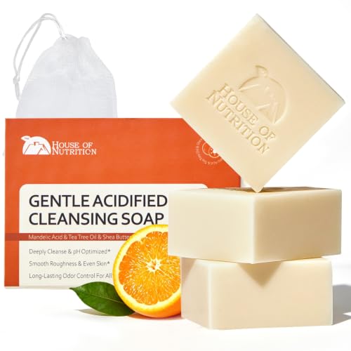 House of Nutrition Acidified Cleansing Bar, Mandelic Acid AHA & Tea Tree Oil, pH-Optimized Odor Control Soap for Face & Body, Natural Deodorant Acidified Body Wash, Tangerine Scent, 3-Pack, 10.5 oz